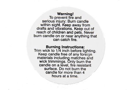Candle Warning Labels, Burning Instruction Labels for Candles